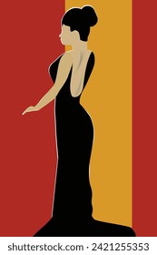 A woman posing in a stylish black backless gown is featured.
