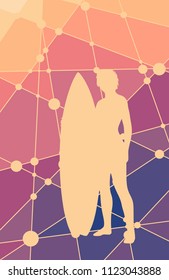 Woman posing with surfboard. Molecule and communication background. Modern brochure or report design template.