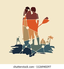 Woman posing with surfboard and paddle on grunge brush stroke. Vintage surfing graphic and emblem for web design or print. Palm and lifeguard tower on backdrop. Stand up paddle boarding
