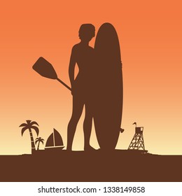 Woman posing with surfboard and paddle on grunge brush stroke. Vintage surfing graphic and emblem for web design or print. Palm and lifeguard tower on backdrop. Stand up paddle boarding