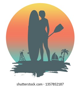 Woman posing with surfboard and paddle on grunge brush stroke. Vintage surfing graphic and emblem for web design or print. Palm and lifeguard tower on backdrop. Stand up paddle boarding