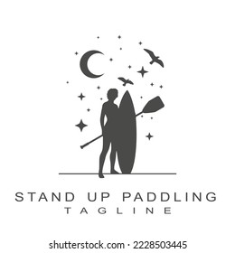 Woman posing with surfboard and paddle. Stand up paddle boarding logo design isolated on white background. Birds, crescent moon and stars