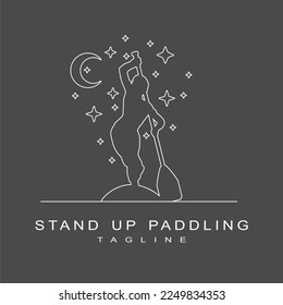 Woman posing with surfboard and paddle. Stand up paddle boarding logo design isolated on monochrome background. Birds, crescent moon and stars
