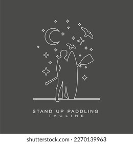 Woman posing with surfboard and paddle. Stand up paddle boarding logo design isolated on monochrome background. Birds, crescent moon and stars