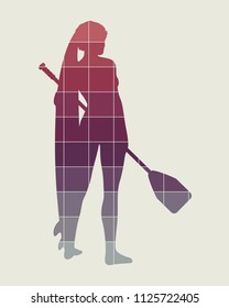 Woman posing with surfboard and paddle. Vintage surfing graphic and emblem for web design or print. Stand up paddle boarding