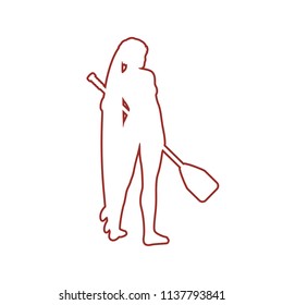 Woman posing with surfboard and paddle. Vintage surfing outline emblem. Stand up paddle boarding