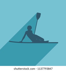 Woman posing with surfboard and paddle. Vintage surfing graphic and emblem for web design or print. Stand up paddle boarding. Web icon with long shadow