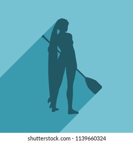 Woman posing with surfboard and paddle. Vintage surfing graphic and emblem for web design or print. Stand up paddle boarding. Web icon with long shadow