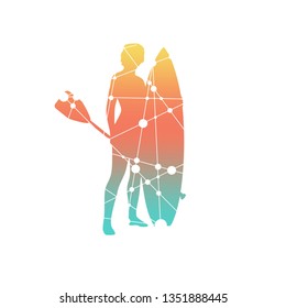 Woman posing with surfboard and paddle. Vintage surfing graphic and emblem for web design or print. Stand up paddle boarding. Silhouette textured by lines and dots pattern