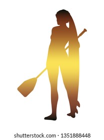 Woman posing with surfboard and paddle. Vintage surfing graphic and emblem for web design or print. Stand up paddle boarding