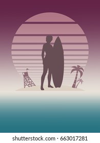 Woman posing with surfboard. Vector illustration. Vintage Surfing Graphic and Emblem for web design or print. Lifeguard tower and palm tree