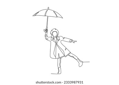 A woman posing with an umbrella. Autumn one-line drawing