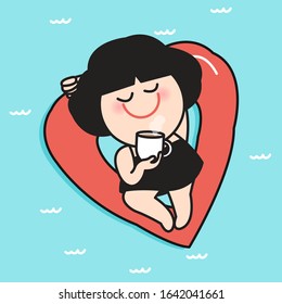 Woman Posing While Holding A Cup Of Coffee On Heart Shape Pool Inflatable Life Buoy Swimming Circle Ring Concept Card Character illustration