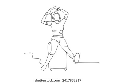 A woman is posing while sitting on a suitcase. Travel one-line drawing. Travel one-line drawing