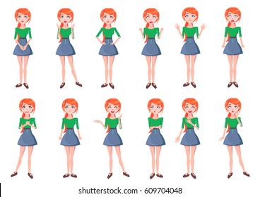 Woman positive and negative emotions set. Beautiful redhead female characters with various face expressions standing in different poses isolated flat vector. Emotional young girl cartoon illustrations