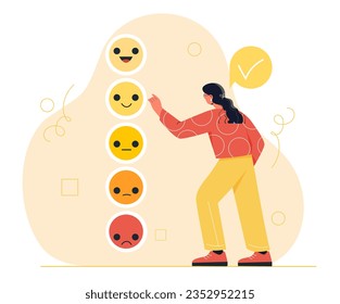 Woman with positive thinking concept. Young girl chooses emotions and feelings. Psychology and mental health. Character with positivity and optimism. Cartoon flat vector illustration