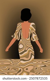 A woman posses in a jungle-print backless gown.