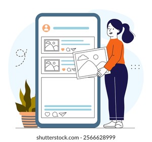 Woman post photo. Young girl uploads photos on social networks and messengers. Influencer and popular blogger. Profile and account. Talented content creator. Linear vector illustration