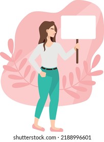 Woman with a poster, protest for their rights and feminism. Vector illustration in flat cartoon style.