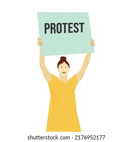a woman with a poster in a yellow dress protests
