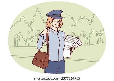 Woman postman delivers newspapers and fresh press with news or letters for residents of city. Young girl in postman cap holds bag for letters or parcels and works in postal service.