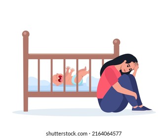 Woman in postpartum depression, exhausted and stressed. Unhappy mom next to the newborn's crib. A small child is crying hysterically and pulling up the handles. Vector illustration