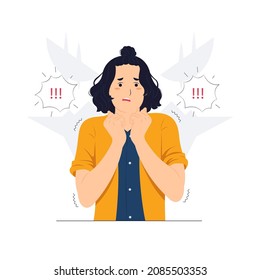 Woman with post-traumatic stress disorder, shocked, scared, shock panic, surprise face, angry and frustrated. Fear and upset for mistake concept illustrations