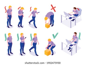 Woman postures isometric set with bad and good standing walking lifting sitting at computer positions vector illustration