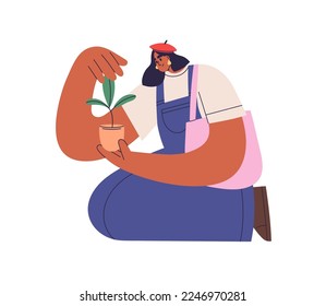 Woman with potted green plant in hand. Character growing houseplant, caring about sprout in flowerpot. Growth, development, ecology concept. Flat vector illustration isolated on white background