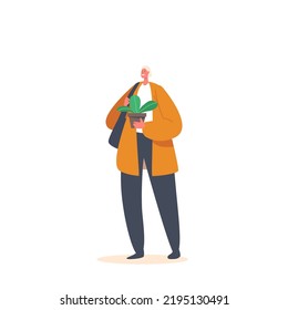 Woman with Potted Plant in Hands. Female Character Holding Green Flower in Pot Isolated on White Background. Gardening Hobby, Planting, Care of Domestic Plants. Cartoon People Vector Illustration