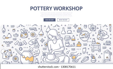 Woman pottery artist at the wheel making a pot in workshop. Concept of producing handmade ceramics & clay items. Doodle illustration for web banners, printed materials