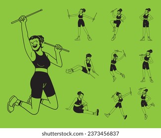 Woman pound fit workout outline illustration for coloring book