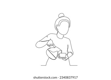 A woman poured a glass of coffee. International coffee day one-line drawing