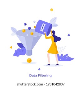 Woman pouring geometric shapes into funnel. Concept of raw data set filtering and refining, filtration of digital information, file sorting and organization. Modern flat colorful vector illustration.