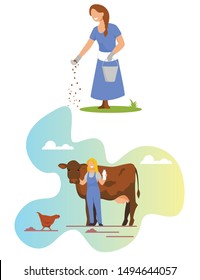 Woman Pouring Grain from Bucket on Ground, Feeding Chicken, Milkmaid Hold Milk Bottle Stand near Cow. Livestock, Domestic Animal Husbandry, Natural Farm Production, Cartoon Flat Vector Illustration