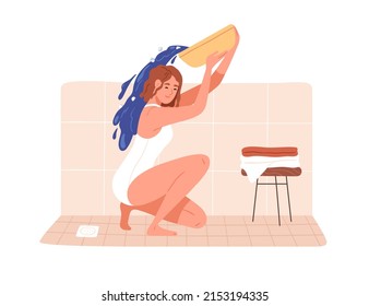 Woman pouring herself with iced cold water from basin. Healthy happy person during hardening procedure with washbasin in bathroom indoors. Flat vector illustration isolated on white background