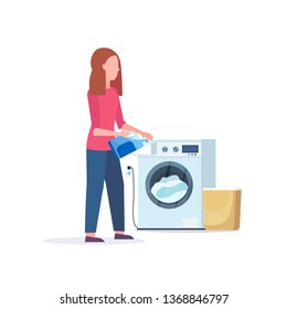 woman pouring powder gel into washing machine housewife doing housework laundry room cartoon character full length flat white background