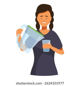 Woman pouring purified water from a filter pitcher into a glass