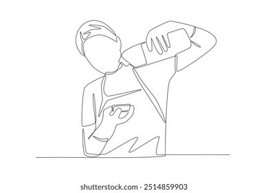 Woman pouring soap onto sponge to clean home glass. Doing house chores concept one-line drawing