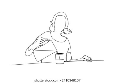 Woman pouring tea to glass fpr breakfast. Meal minimalist concept.