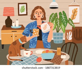 Woman pouring tea into cup at cozy home interior vector flat illustration. Female character drinking hot beverage with cat. Cute person relaxing spending time at cozy room with pet