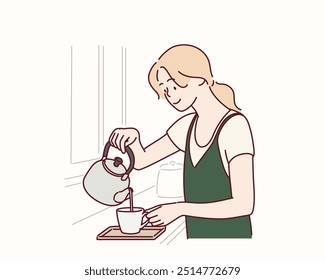 The woman is pouring tea into a cup from a kettle. Hand drawn style vector design illustrations.