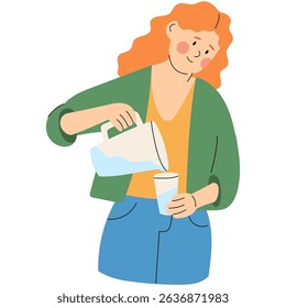Woman pouring water into a glass. Healthy lifestyle and hydration concept. Flat vector illustration for wellness, routine, and daily habits.