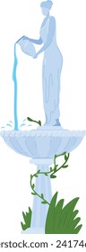 Woman pouring water from pitcher, garden statue fountain with plants. Serenity in garden, water feature design vector illustration.