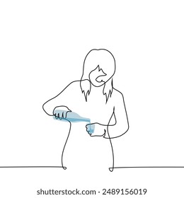 woman pours a bottle into a small glass - one line art vector. concept of getting drunk alone, pouring vodka, female alcoholism. Handmade vector not AI