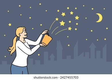 Woman pours stars into sky from yellow bucket, wanting to see beautiful night landscape and fantasizing about own positive contribution to environment. Cheerful girl decorates firmament with new stars