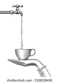 Una mujer vierte agua del grifo en una taza de café blanca. Una mano de mujer sosteniendo una taza de agua. Grabado antiguo, dibujo estilizado. Ilustración del vector