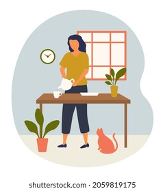 Woman pours tea. Girl cooks for herself. Comfort, home cosiness, pets, cat. Plant, table, decoration, kitchen. Daily routine, morning. Cartoon flat vector illustration isolated on white background