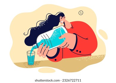 Woman pours water into glass, recommending to drink plenty of fluids to support health or get rid of excess weight. Happy girl holding bottle of water to quench thirst and hydrate body