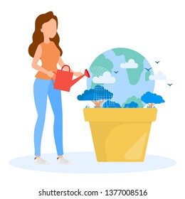 Woman pours water from the watering can on earth. Safe earth concept.